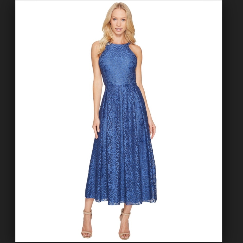 Eva Franco Jane Lace Midi Dress in Blue Keyhole Back - Picture 1 of 4